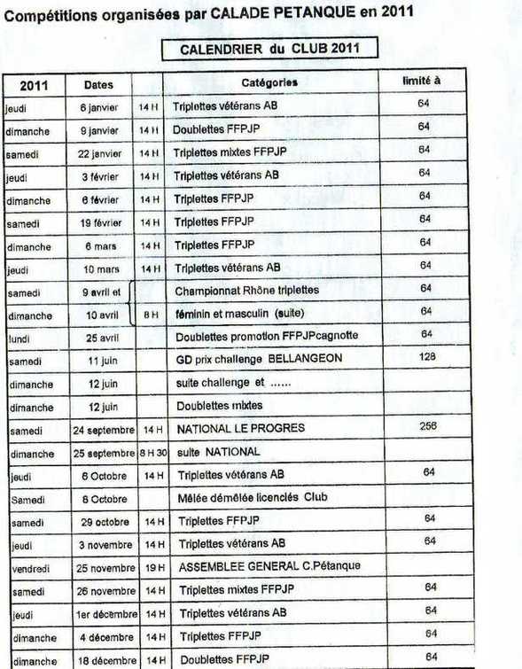 CALENDRIER DU CLUB 2011