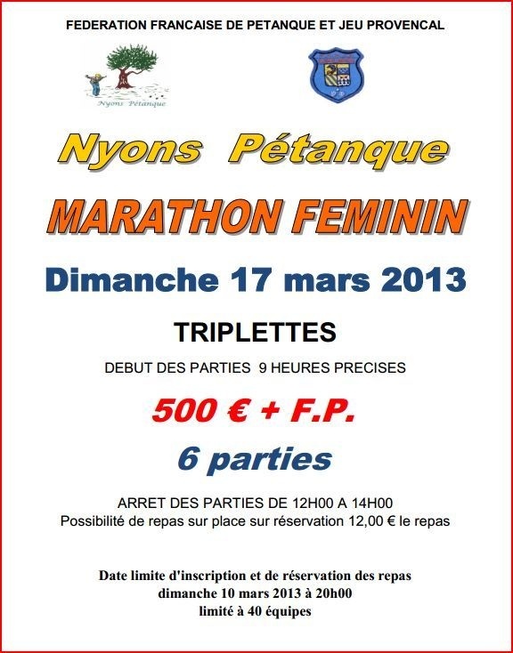 MARATHON FÉMININ 17 MARS 2013 de NYONS PETANQUE