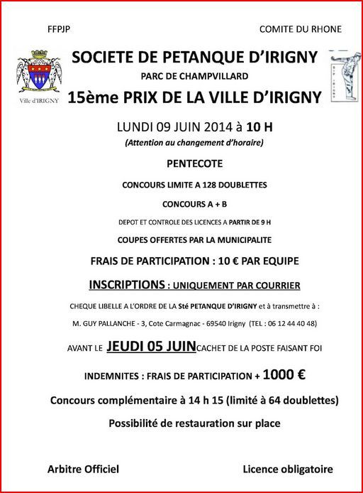 15 ème Prix de la ville d'Irigny lundi 09 juin 2014 à 10h00 15 ème Prix de la ville d'Irigny lundi 09 juin 2014 à 10h00