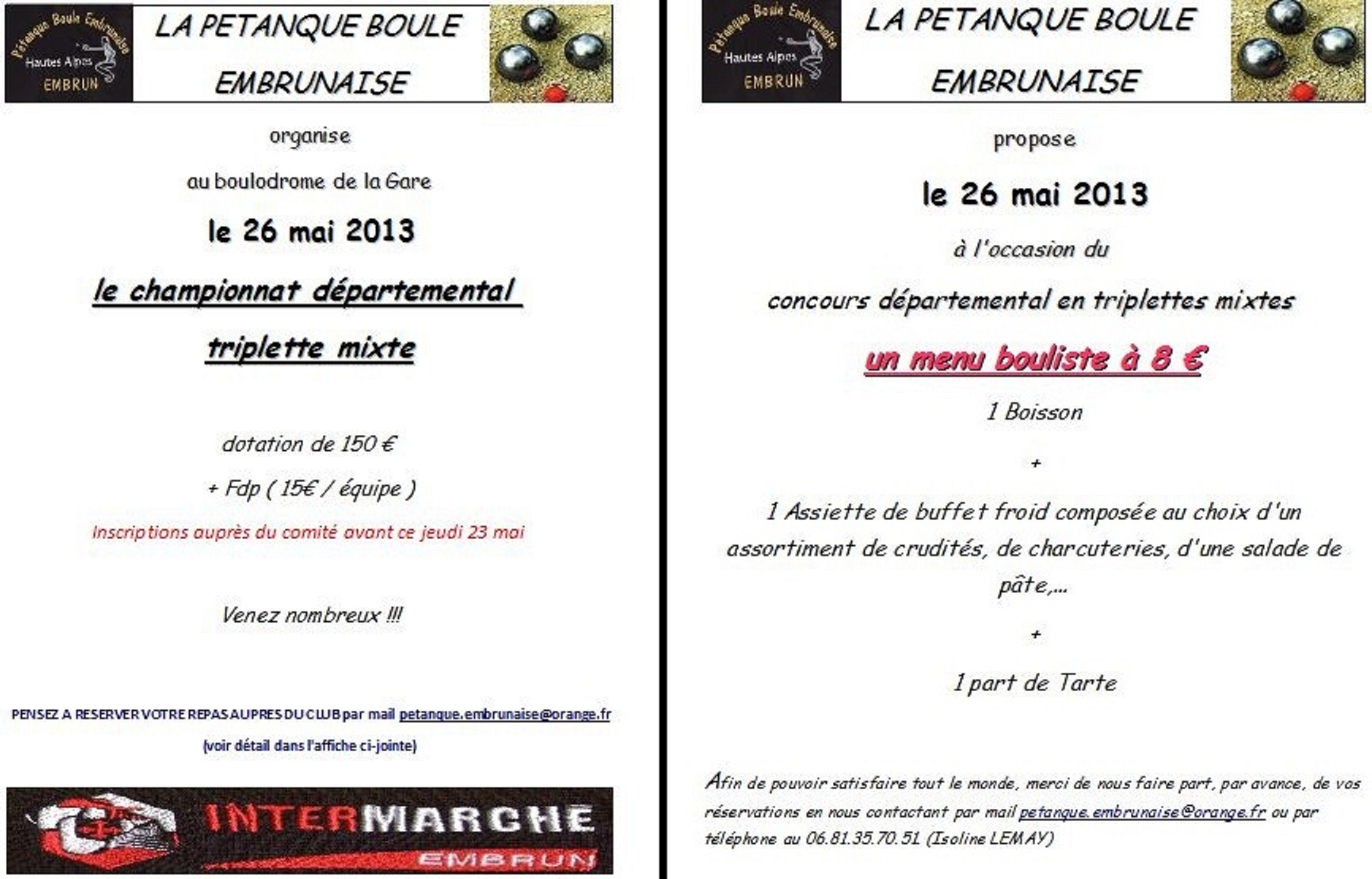 Championnat départemental triplette mixte du 26 mai 2013