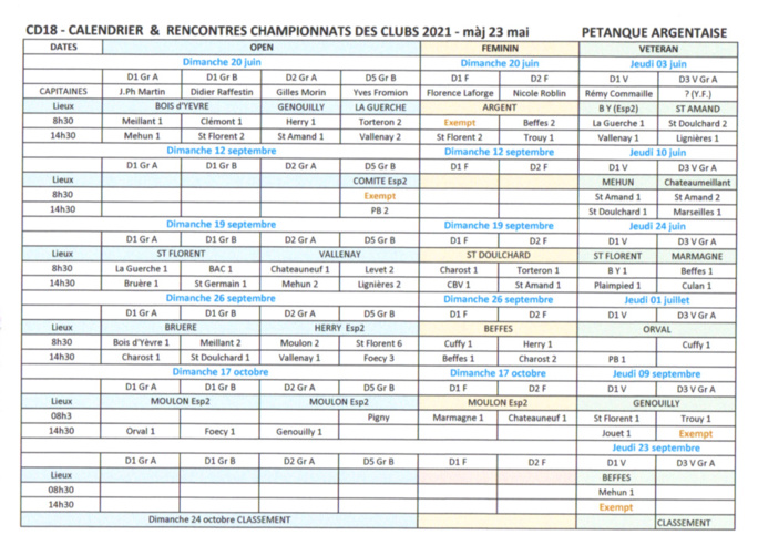 Calendrier & rencontre championnats des clubs 2021 Calendrier & rencontre championnats des clubs 2021