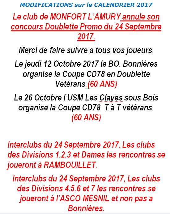 Modifications de calendrier 2017 Modifications de calendrier 2017
