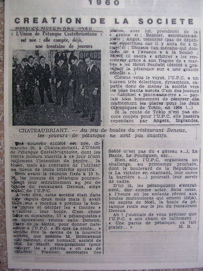 article de presse en 1960 création du club en novembre