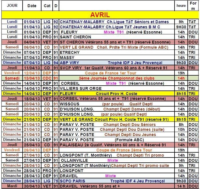 Calendrier FFPJP 91 Avril