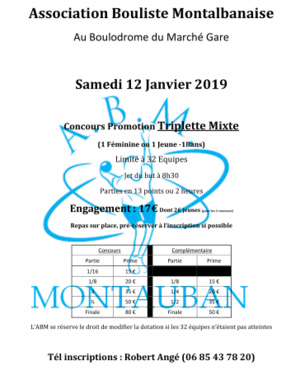 Concours Triplette Mixte du 12 Janvier 2019 Concours Triplette Mixte du 12 Janvier 2019