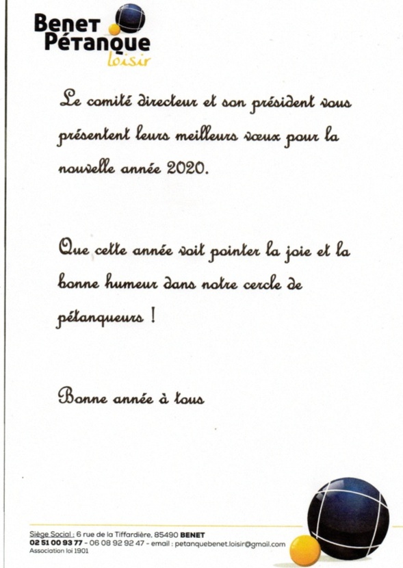 Vœux du président et du comité directeur de Benet Pétanque Loisir pour 2020 Vœux du président et du comité directeur de Benet Pétanque Loisir pour 2020