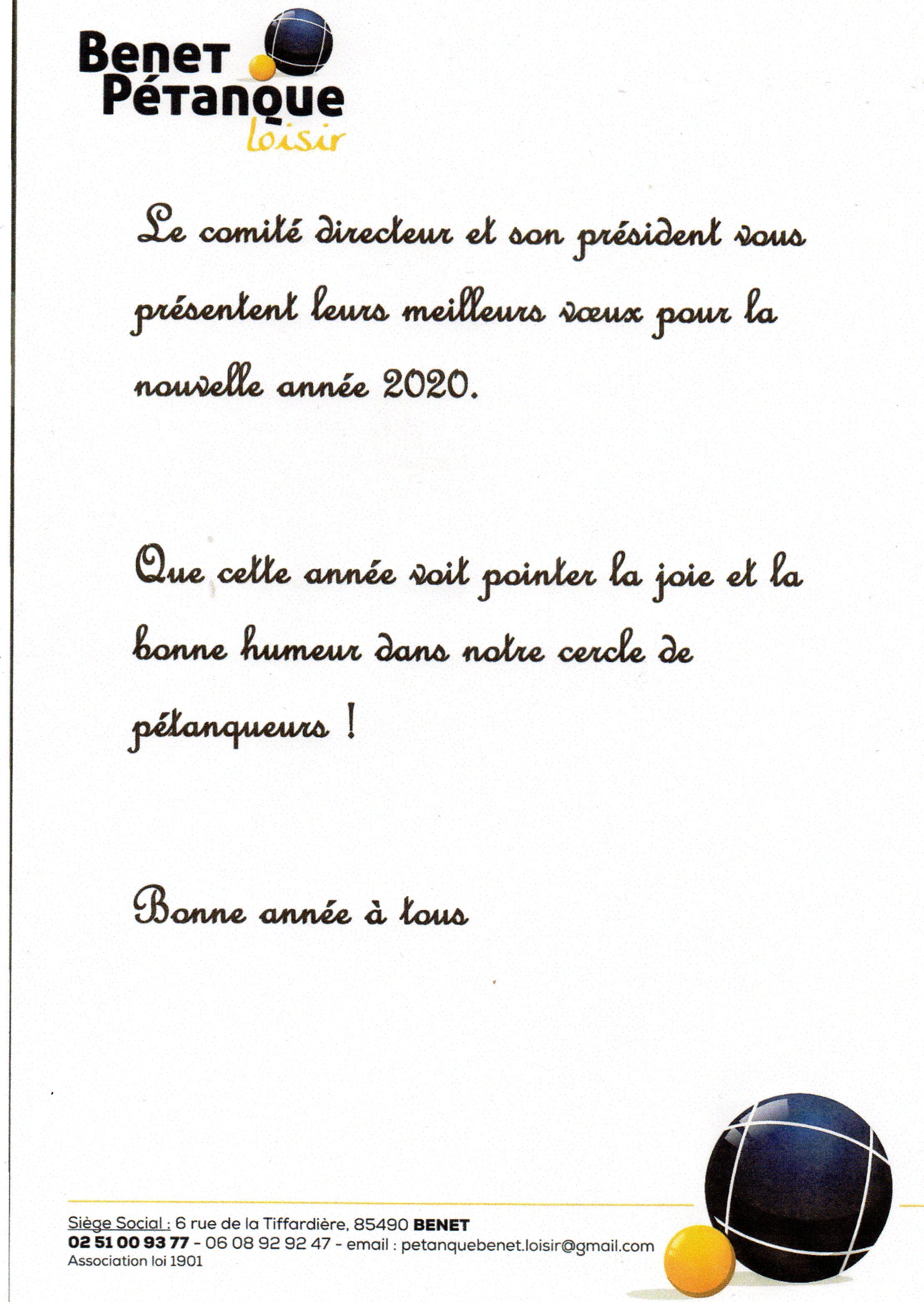 Vœux du président et du comité directeur de Benet Pétanque Loisir pour 2020 Vœux du président et du comité directeur de Benet Pétanque Loisir pour 2020