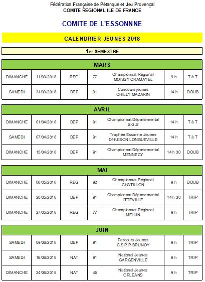 Calendrier 2018 jeunes