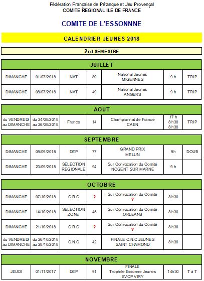 Calendrier 2018 jeunes