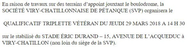 Déplacement du qualif triplette vétéran du jeudi 29/03/2018 Déplacement du qualif triplette vétéran du jeudi 29/03/2018