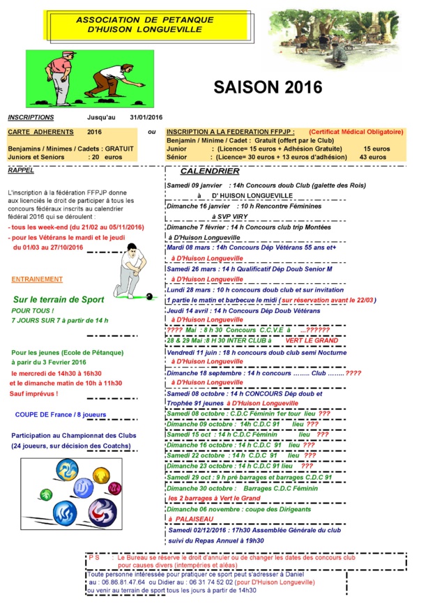 Calendrier club : saison 2016