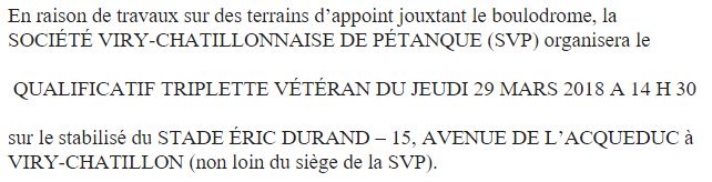 Déplacement du qualif triplette vétéran du jeudi 29/03/2018