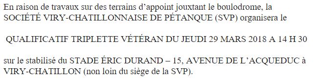 Déplacement du qualif triplette vétéran du jeudi 29/03/2018 Déplacement du qualif triplette vétéran du jeudi 29/03/2018