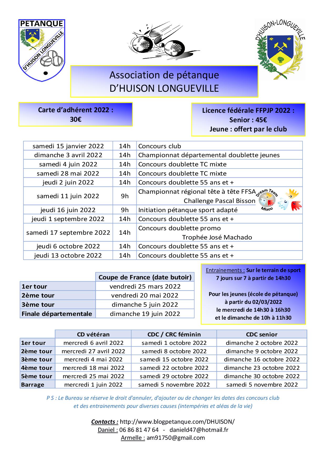 Calendrier club 2022