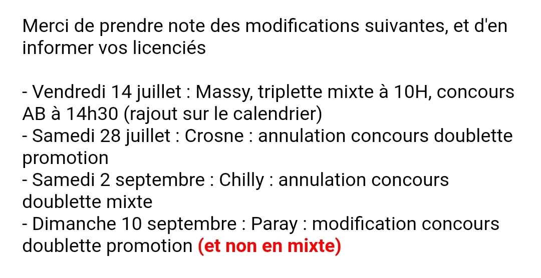 Changements dans le calendrier Essonnien