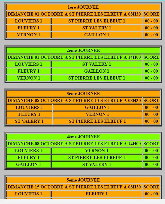 calendrier du cdc équipe 2  et équipe 3 et crc équipe 1