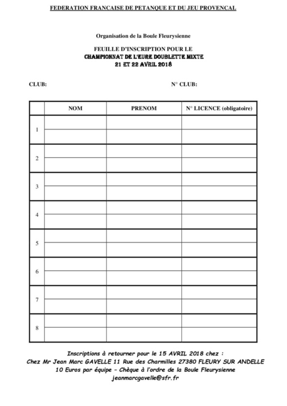 Championnat de l'Eure doublette Mixte à Fleury sur Andelle Affiche + feuille d'inscription Championnat de l'Eure doublette Mixte à Fleury sur Andelle Affiche + feuille d'inscription