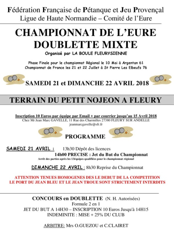 Championnat de l'Eure doublette Mixte à Fleury sur Andelle Affiche + feuille d'inscription