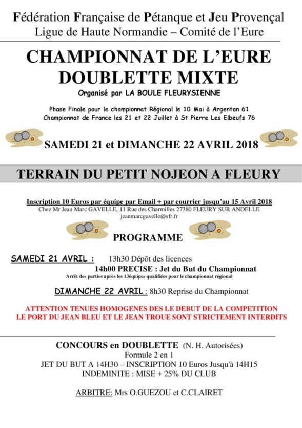 Championnat de l'Eure doublette Mixte à Fleury sur Andelle Affiche + feuille d'inscription Championnat de l'Eure doublette Mixte à Fleury sur Andelle Affiche + feuille d'inscription