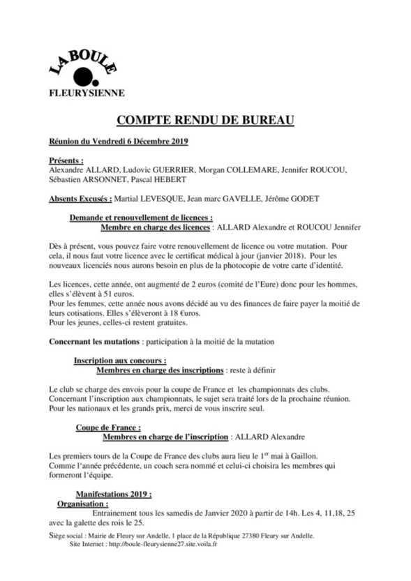 Compte rendu de la réunion du 6 Décembre 2019