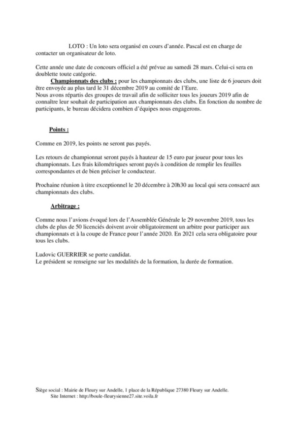 Compte rendu de la réunion du 6 Décembre 2019