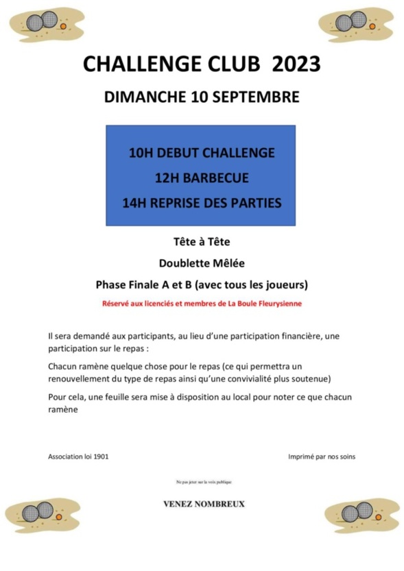 Challenge 2023 de La Boule Fleurysienne dimanche 10 Septembre