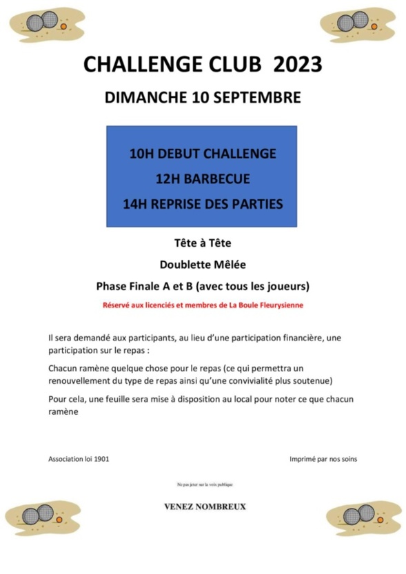 Challenge 2023 de La Boule Fleurysienne dimanche 10 Septembre Challenge 2023 de La Boule Fleurysienne dimanche 10 Septembre