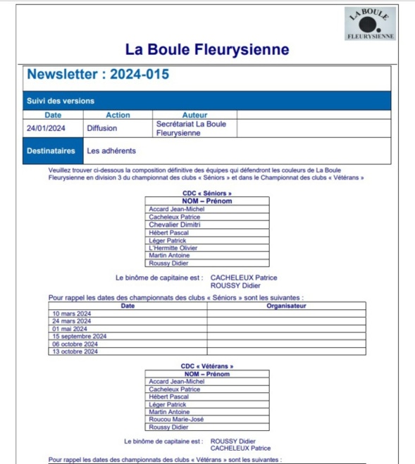 Compositions des équipes CDC "Séniors" Division 3 et "Vétérans"