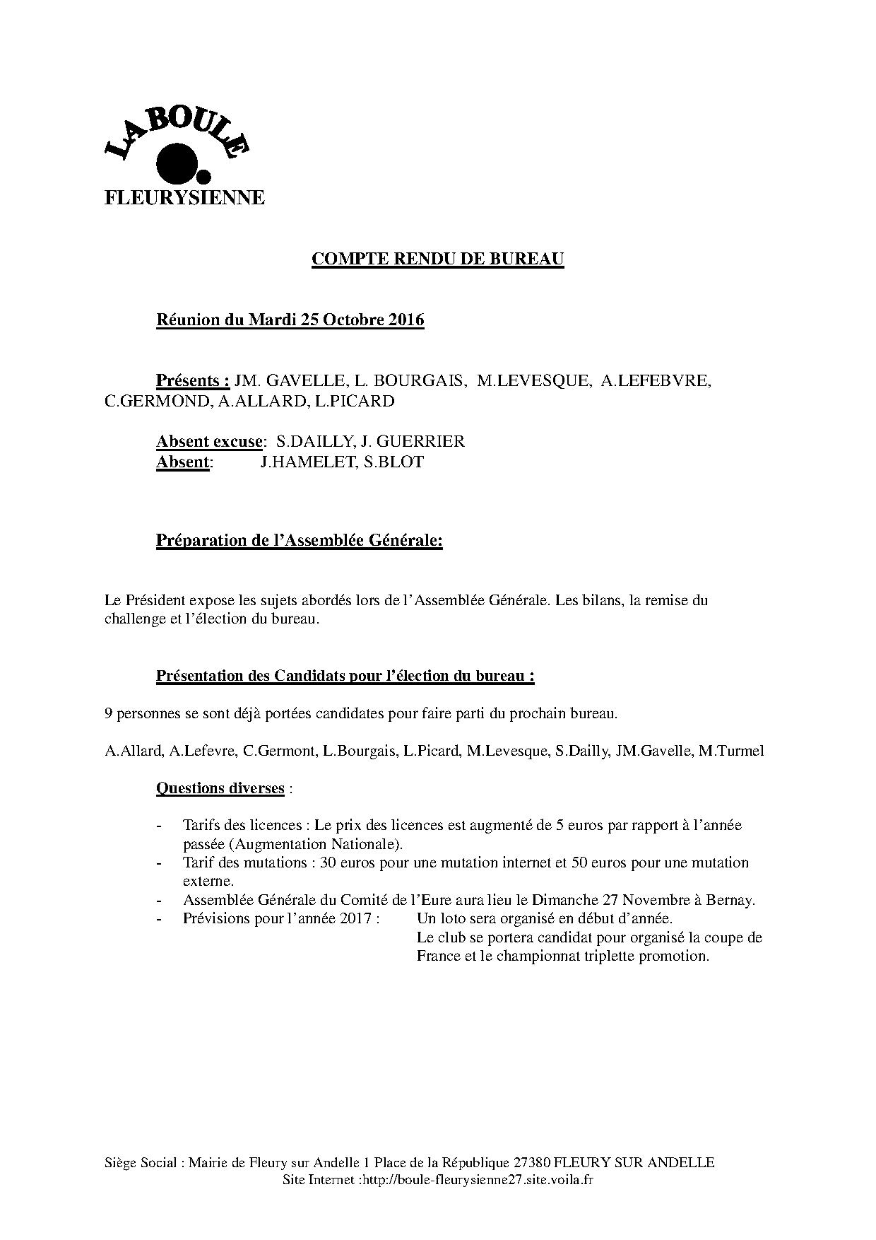 Compte rendu de la réunion de bureau du 25/10/2016