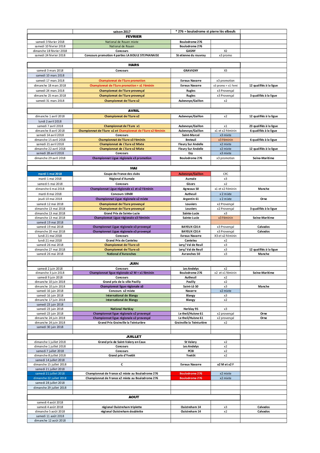 Calendrier saison  2018