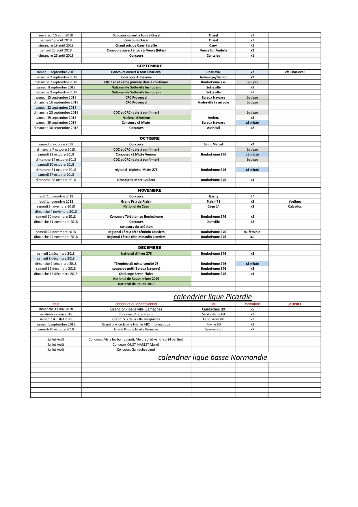 Calendrier saison  2018