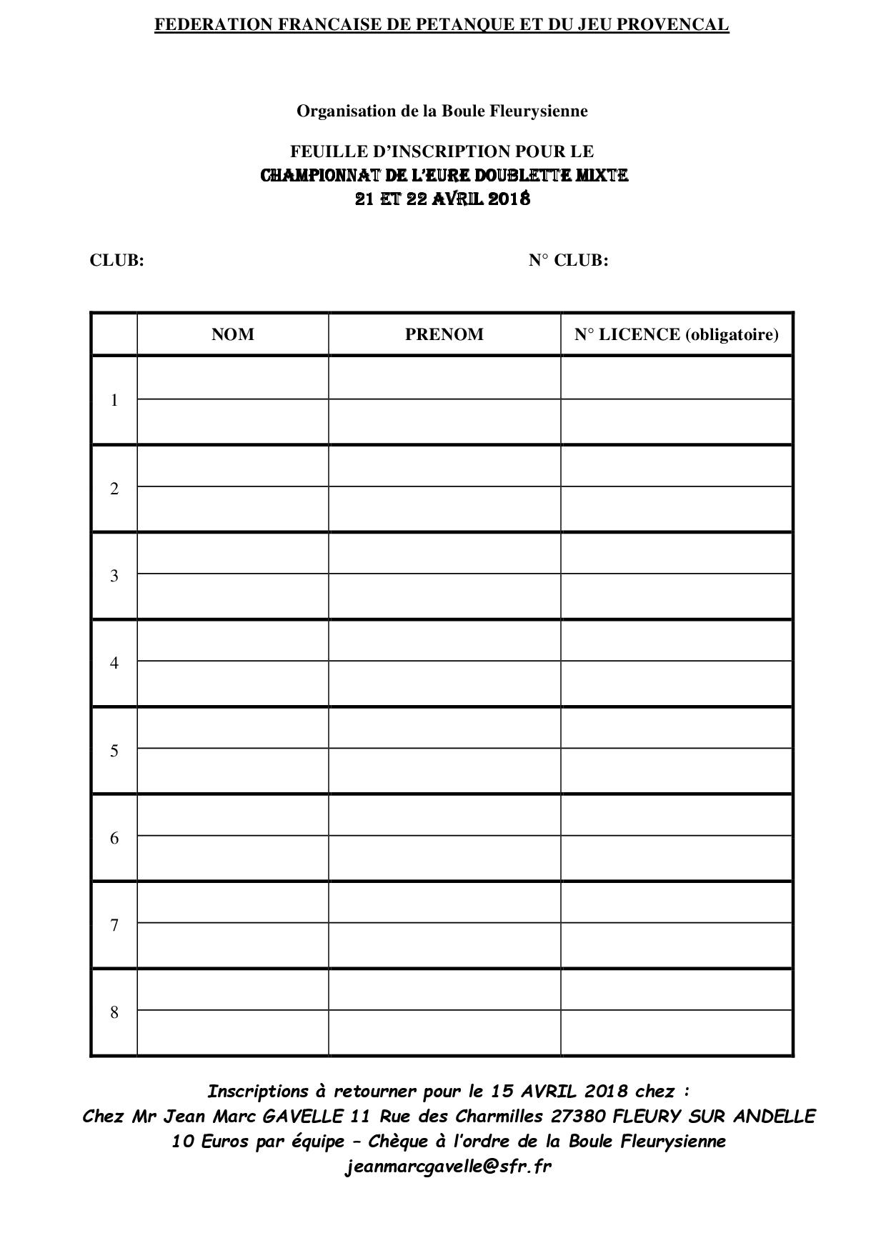 Championnat de l'Eure doublette Mixte à Fleury sur Andelle Affiche + feuille d'inscription Championnat de l'Eure doublette Mixte à Fleury sur Andelle Affiche + feuille d'inscription