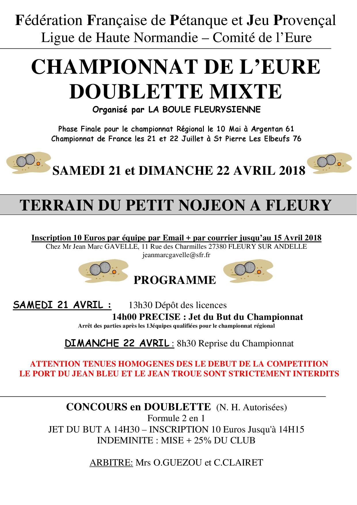 Championnat de l'Eure doublette Mixte à Fleury sur Andelle Affiche + feuille d'inscription