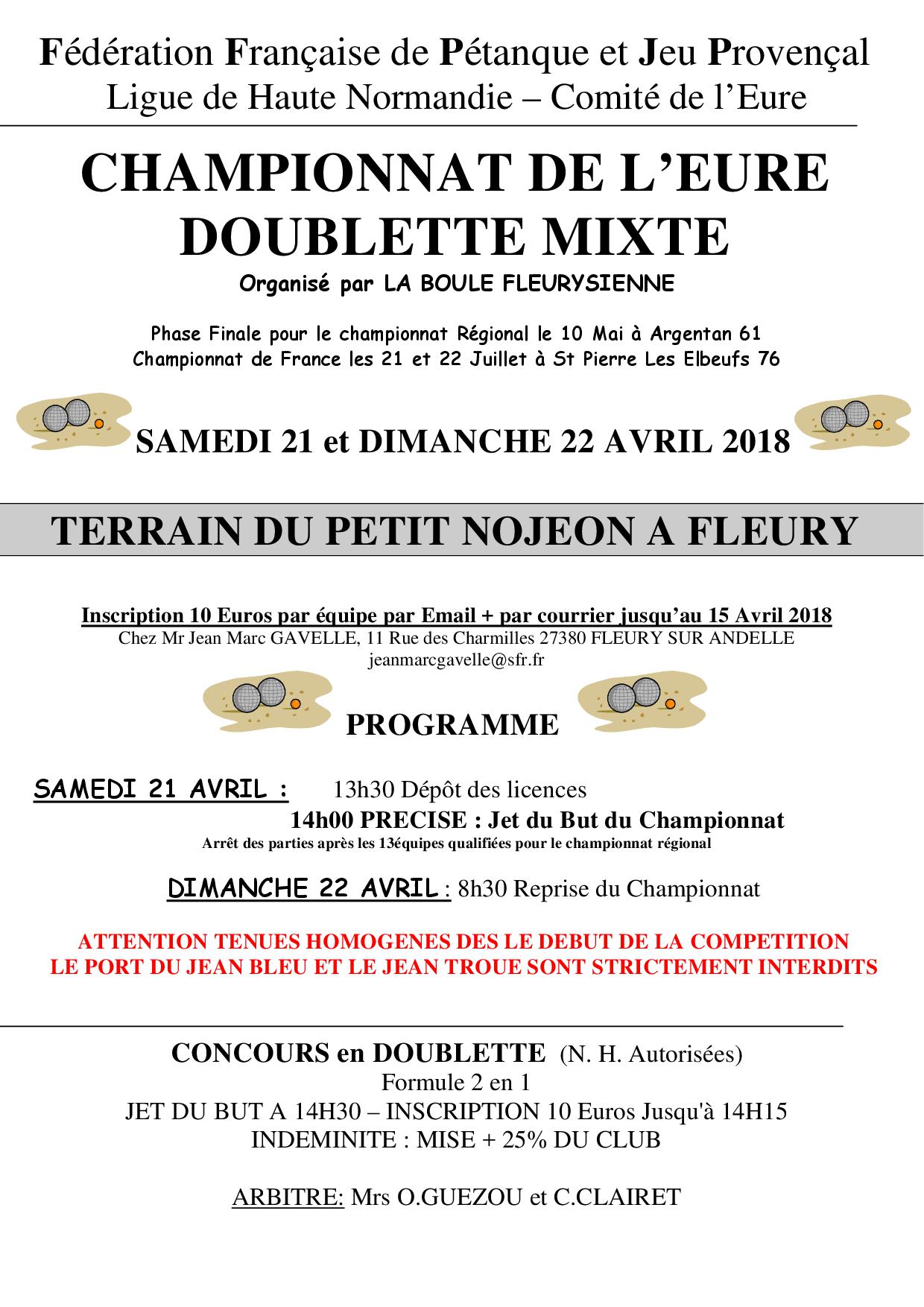 Championnat de l'Eure doublette Mixte à Fleury sur Andelle Affiche + feuille d'inscription Championnat de l'Eure doublette Mixte à Fleury sur Andelle Affiche + feuille d'inscription
