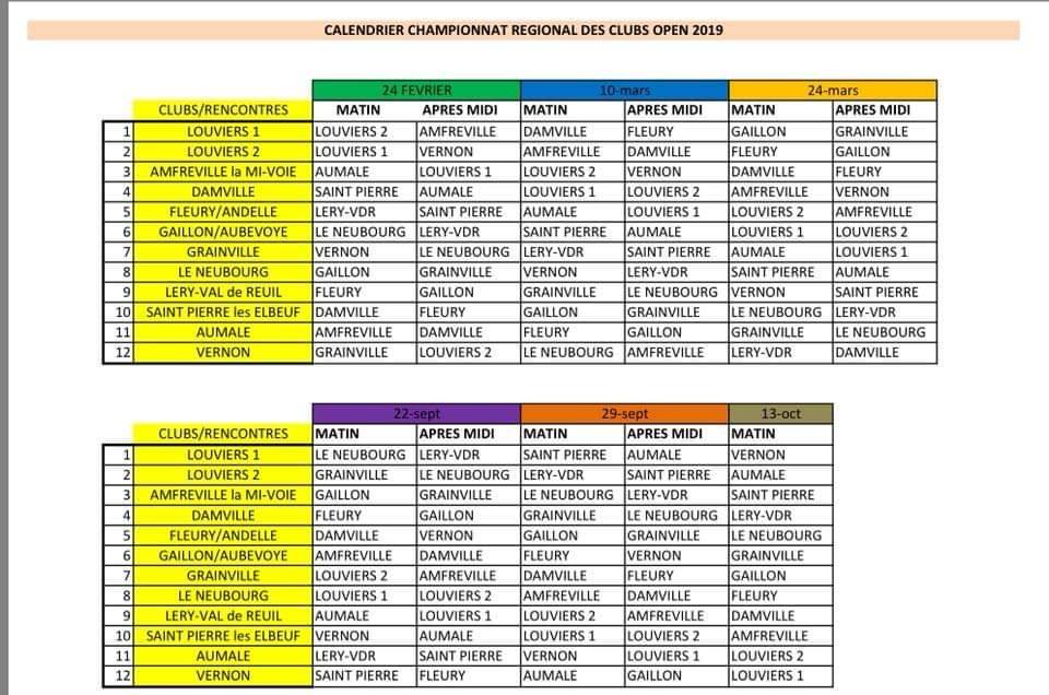 Calendrier CRC 2019 pour l'équipe 1