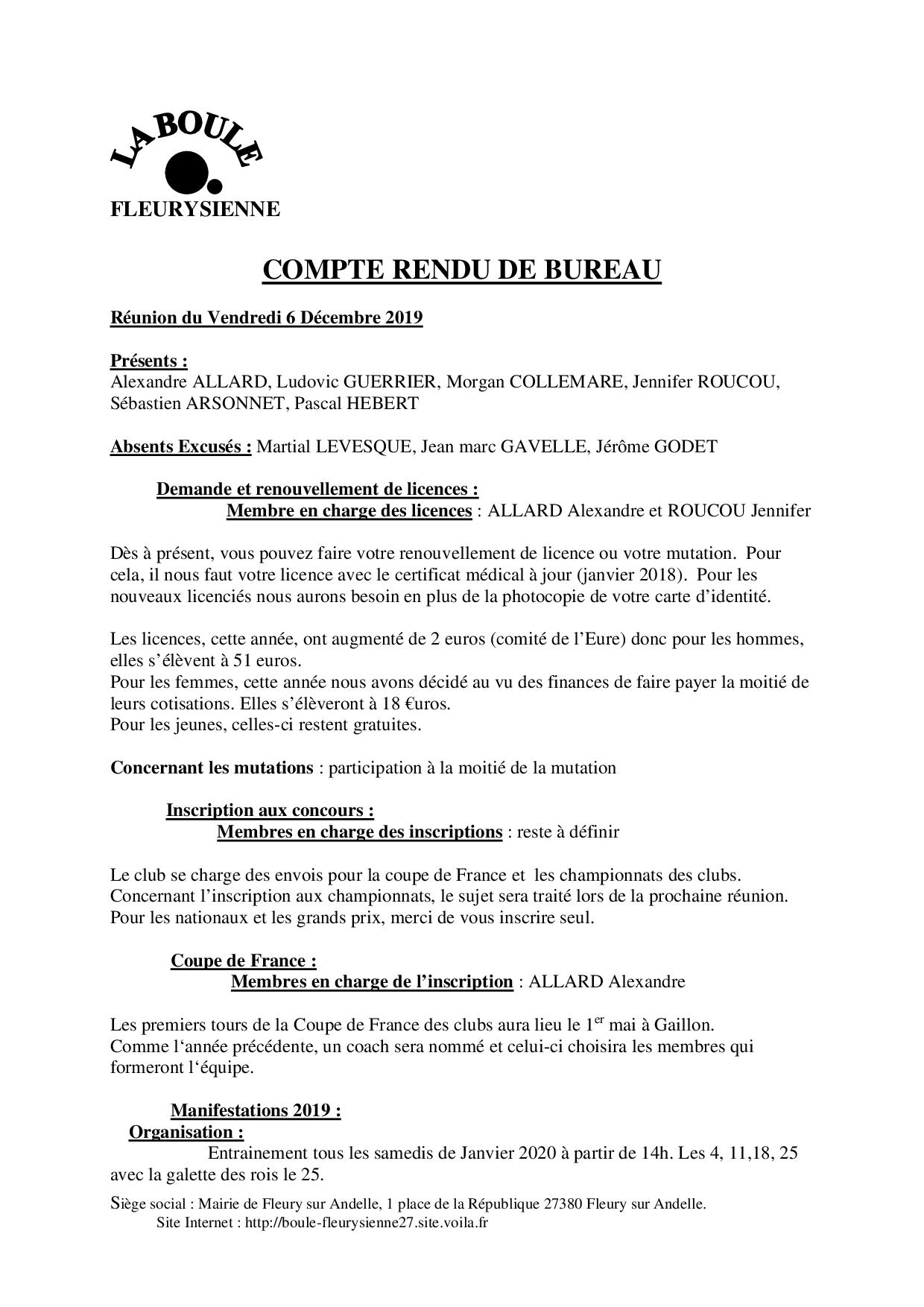 Compte rendu de la réunion du 6 Décembre 2019