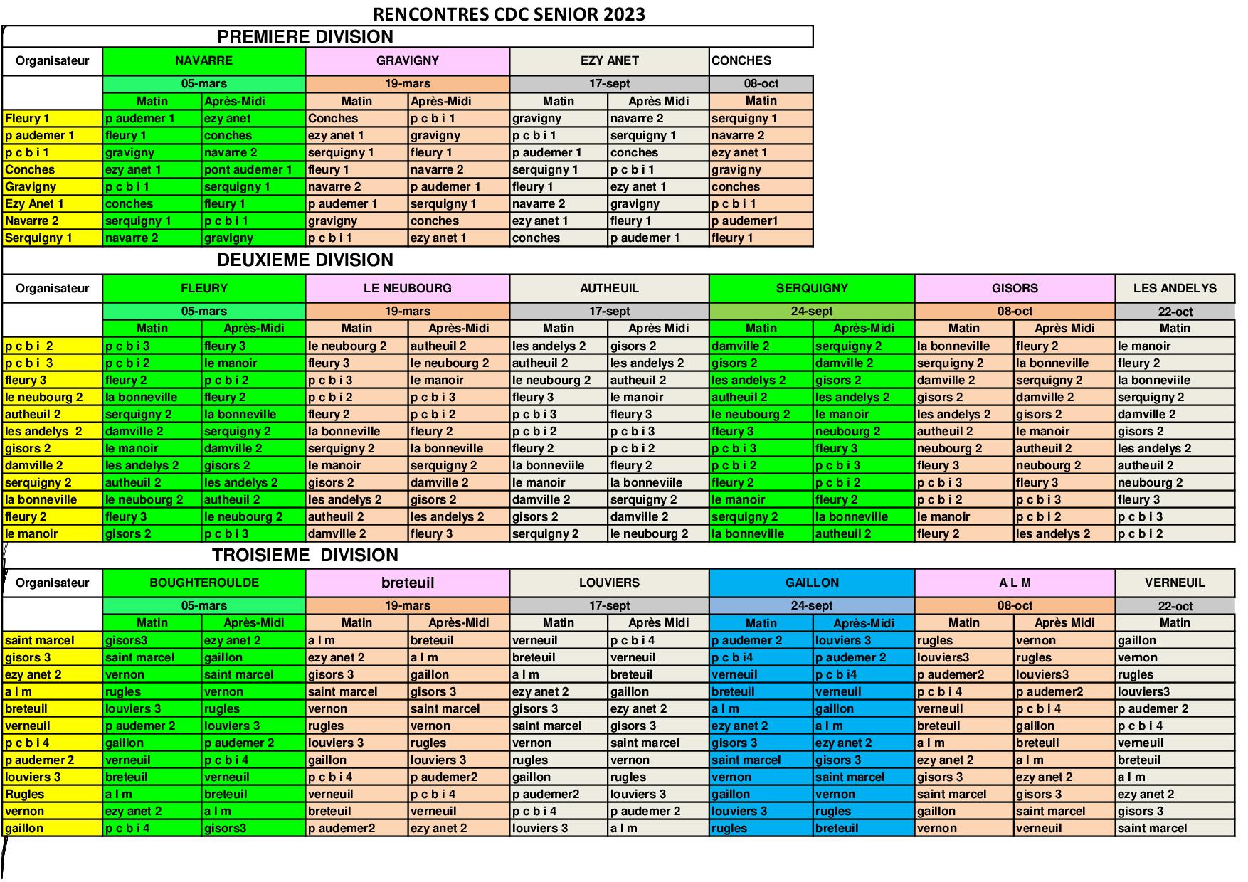 Calendier CDC sénior et féminin 2023