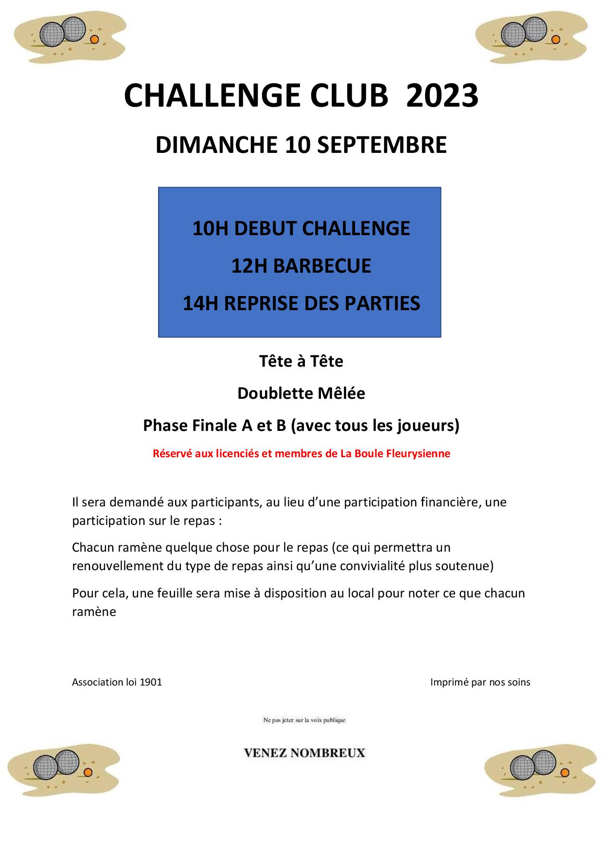 Challenge 2023 de La Boule Fleurysienne dimanche 10 Septembre