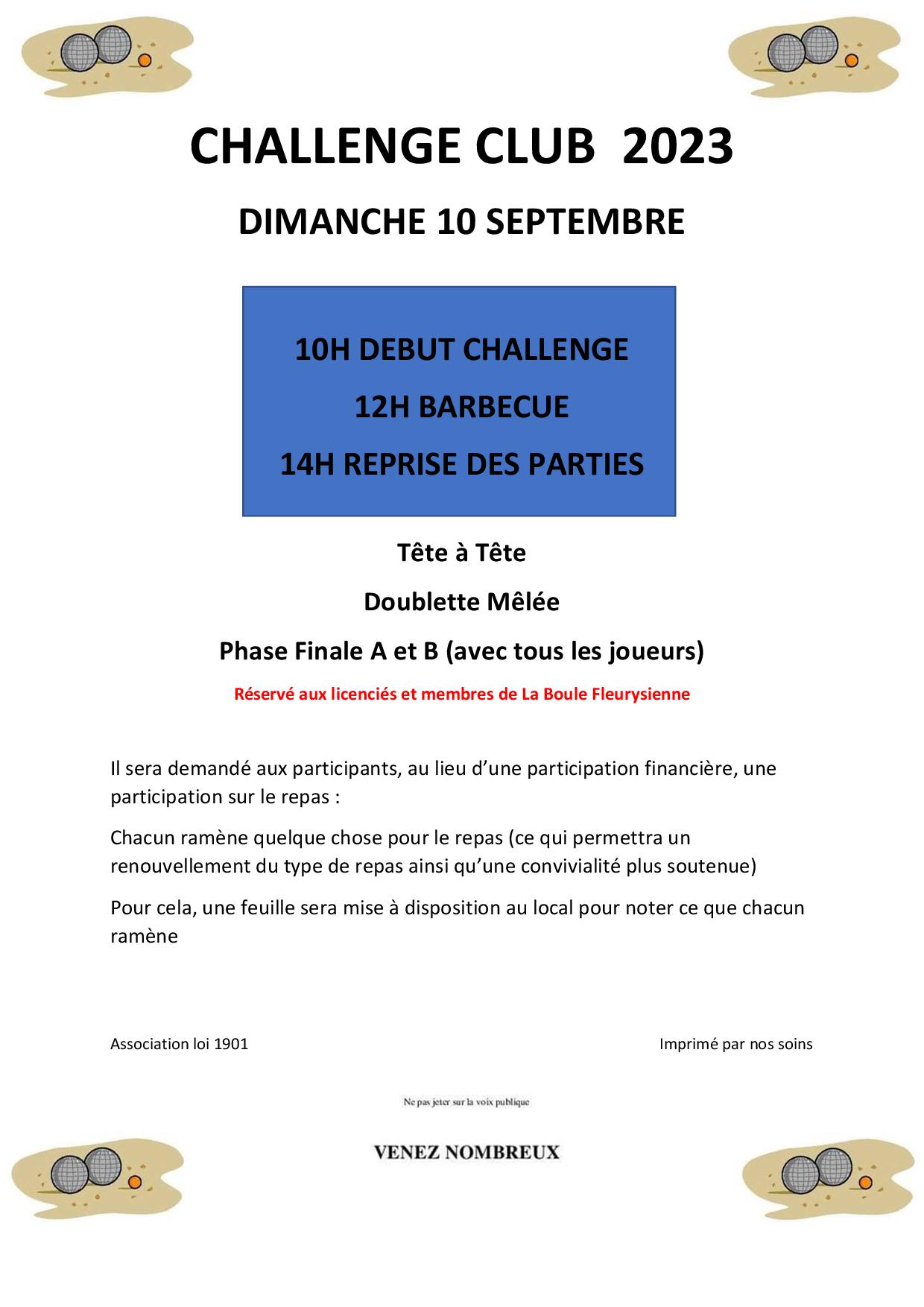 Challenge 2023 de La Boule Fleurysienne dimanche 10 Septembre Challenge 2023 de La Boule Fleurysienne dimanche 10 Septembre