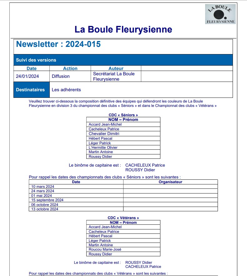 Compositions des équipes CDC "Séniors" Division 3 et "Vétérans"