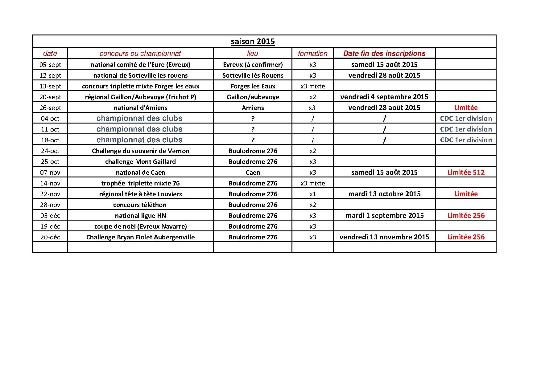 calendrier fin saison 2015