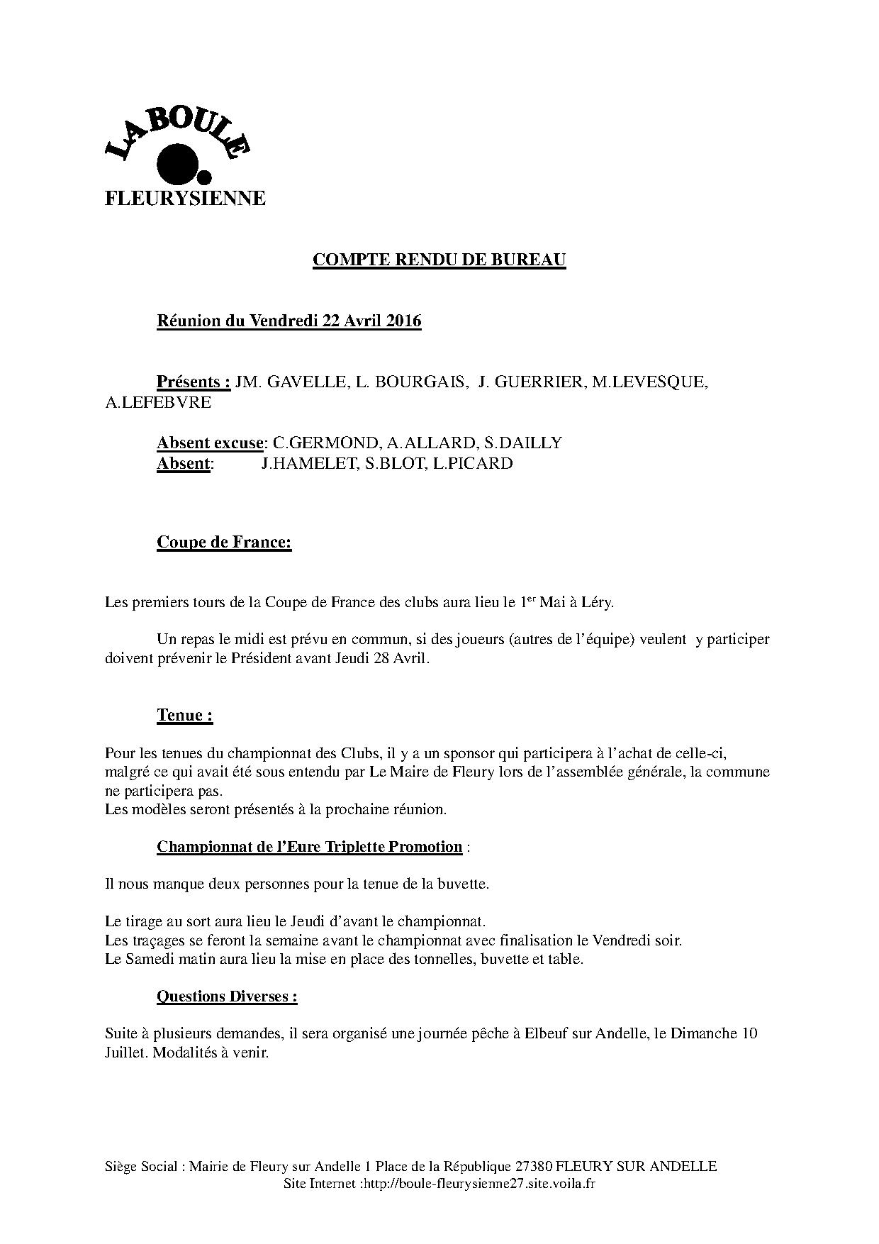 compte rendu de la réunion de bureau 22/04/2016 compte rendu de la réunion de bureau 22/04/2016