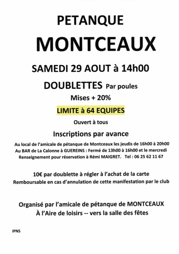 CONCOURS en DOUBLETTE ouvert à tous le 29 Août à 14h00 CONCOURS en DOUBLETTE ouvert à tous le 29 Août à 14h00