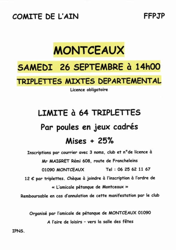 TRIPLETTE MIXTE LE 26 SEPTEMBRE à 14h00 TRIPLETTE MIXTE LE 26 SEPTEMBRE à 14h00