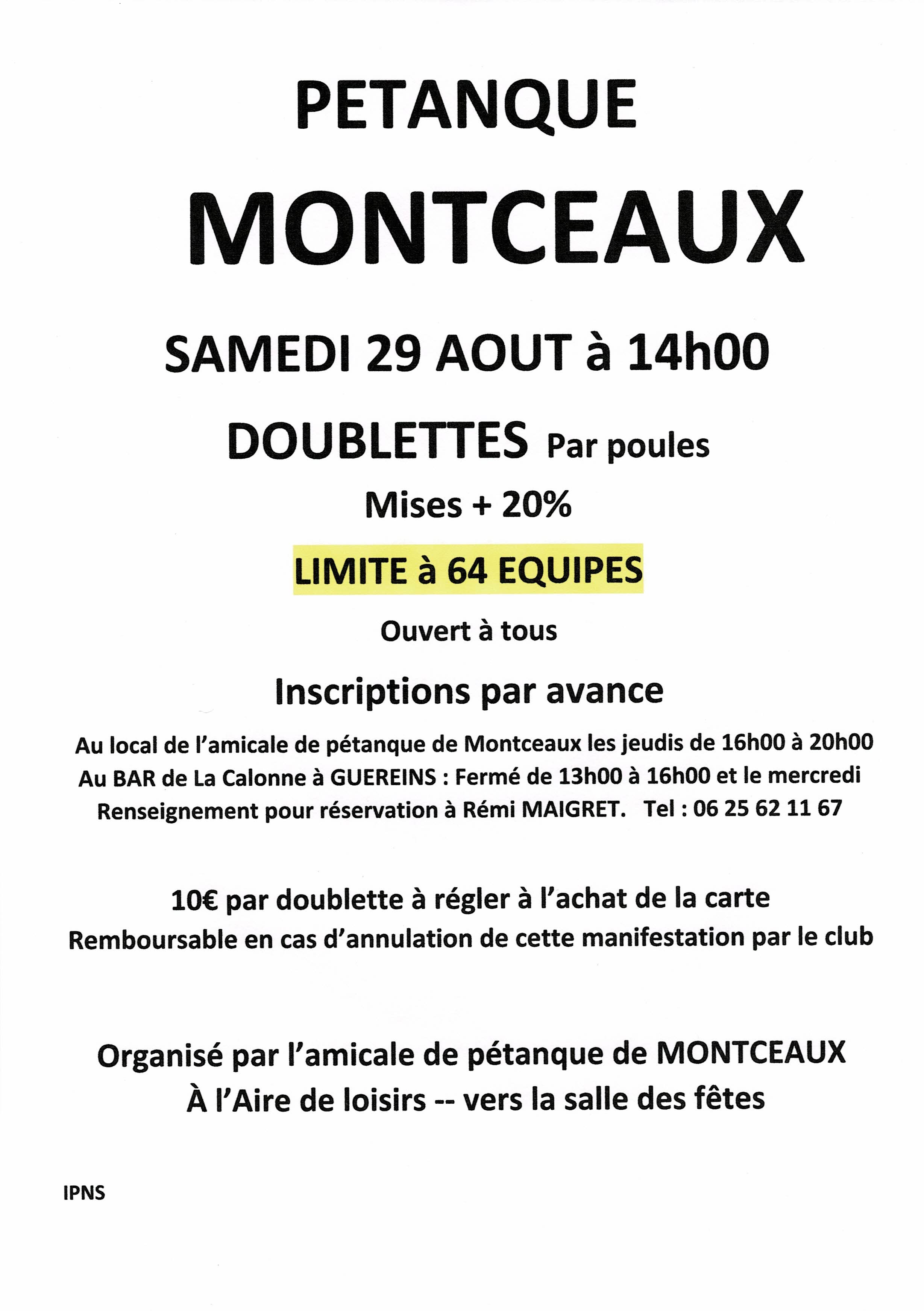 CONCOURS en DOUBLETTE ouvert à tous le 29 Août à 14h00 CONCOURS en DOUBLETTE ouvert à tous le 29 Août à 14h00