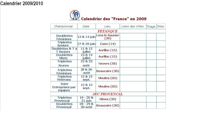 Calendrier 2009 des championnats de france