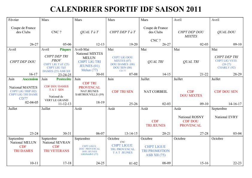 Calendrier sportif IDF 2011 Calendrier sportif IDF 2011