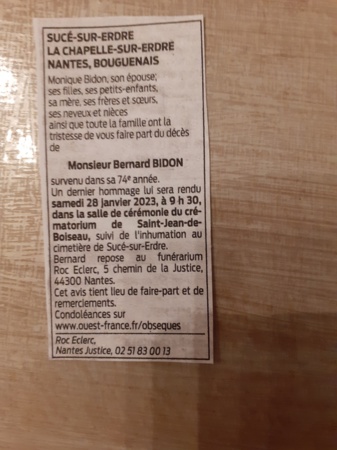 OBSEQUES  DE BERNARD BIDON
