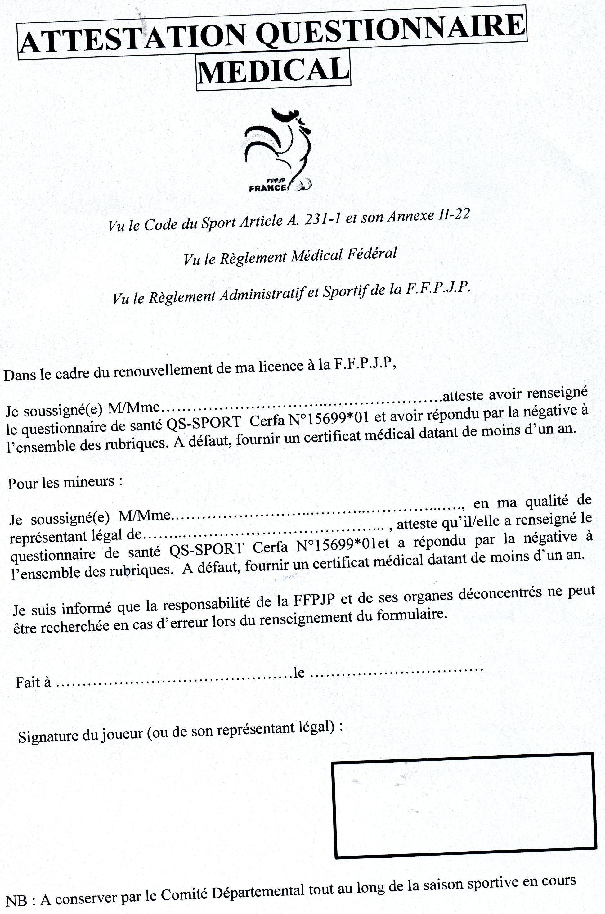 ATTESTATION  QUESTIONNAIRE MEDICAL 