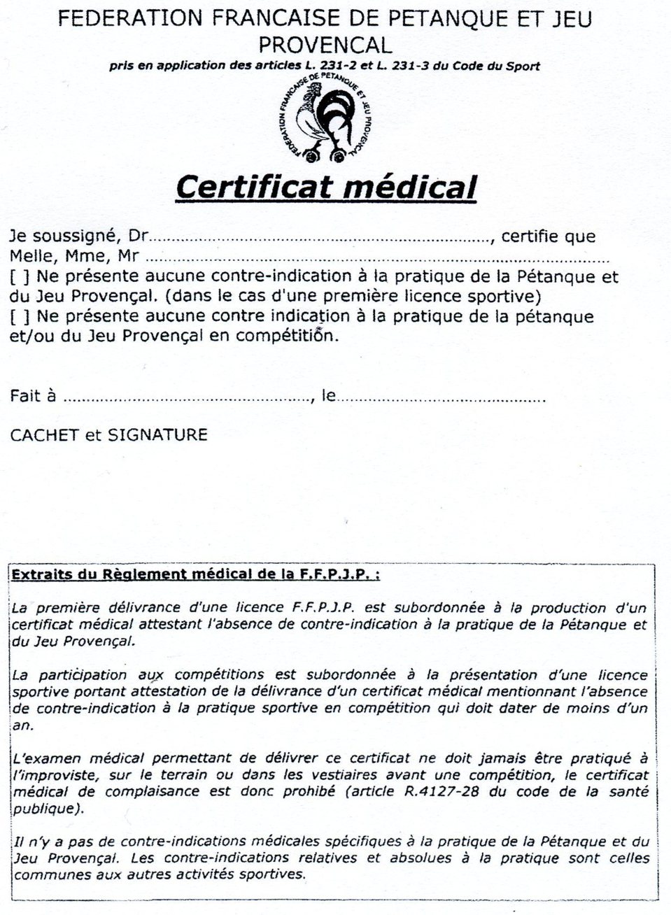 CERTIFICAT MEDICAL à IMPRIMER saison 2014